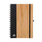 A bamboo notebook with a black textured cover and a black elastic band. Features a spiral binding and a logo.
