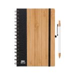 A notebook with a bamboo cover, black spine, and a white pen attached. The set features a logo.