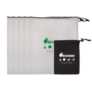 A set of five drawstring produce bags in white and one smaller black pouch, featuring a logo.