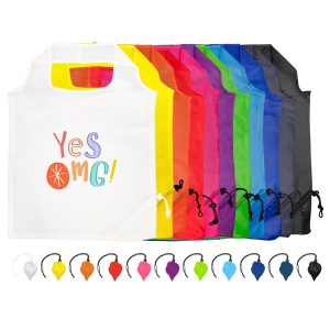 A set of colorful reusable shopping bags, including yellow, red, blue, green, pink, and gray, with a logo on one bag.