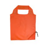 An orange reusable shopping bag with a simple design and a drawstring closure. Features a logo on the side.