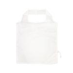 A foldable, white reusable grocery bag with a simple design and a drawstring closure on one side.