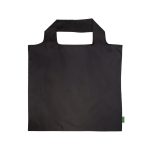 A reusable grocery bag made from recycled PET, featuring a sleek black design with an open top and two handles.