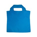 A blue reusable grocery bag made from recycled PET material, featuring a convenient handle design.