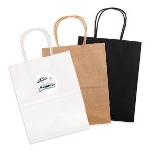 A set of medium paper bags in white, brown, and black, each with handles and a logo.