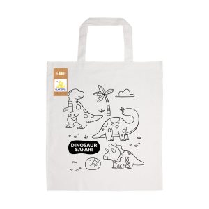 A cotton bag in natural colour featuring a dinosaur theme design, along with a set of pencils.