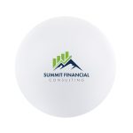 A round stress ball in white with a logo featuring green and blue mountain graphics.