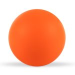 An orange round stress ball, featuring a smooth surface and a solid color design.
