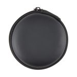 A round black carrying case for earbuds, featuring a zip closure and a sleek design.