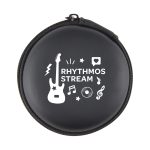 A round black case featuring a guitar design and music-themed graphics, including a logo and various symbols.