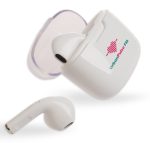 White Twista Earbuds with a charging case, featuring a logo on the case and one earbud displayed outside.