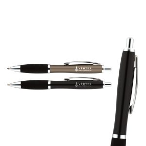 A set of metal pens in black and bronze with chrome accents and branding.