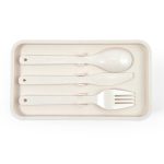 A set of eco-friendly utensils featuring a spoon, knife, and fork, all arranged on a tray.