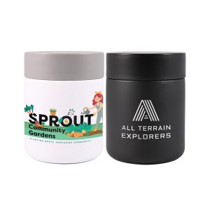 Two food containers: one white with a colorful design and the other black with a logo. Both have a smooth finish.