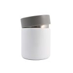 A food container with a sleek white body and a gray lid, designed for keeping food fresh.