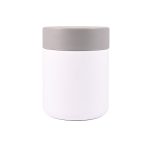 A food container featuring a sleek, white body and a gray lid, designed for food storage.
