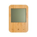 A bamboo-framed weather station with a green display and three buttons below the screen.