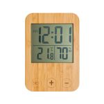 A digital weather station with a bamboo frame displaying the time, temperature in Celsius, and humidity percentage.