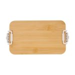 A bamboo cutting board with white clasps on the sides, featuring a smooth, natural finish.