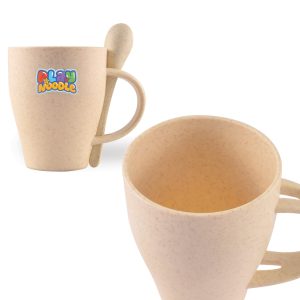 A wheat fibre cup in a beige colour with a matching spoon attached. The cup features a logo.