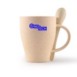 A beige wheat fibre cup with a matching spoon, featuring a logo on the front.