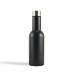 A drink bottle in matte black with a stainless steel cap, featuring a simple design and a logo.