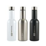 A drink bottle set featuring three vacuum flasks in white, stainless steel, and black, each with a logo.