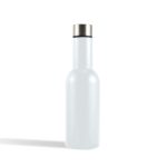 A drink bottle in a light blue color with a stainless steel lid and a sleek design, featuring a logo.