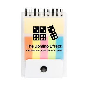 A notepad with a spiral binding featuring various sticky note colors and a logo on the cover.