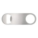 A drink bottle opener in stainless steel with a sleek, minimalist design and a circular opening for gripping.