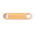A drink bottle opener made of bamboo, featuring a sleek design with two circular cutouts. It has a logo on it.