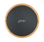 A round cheese board made of bamboo with a dark slate surface; features a logo in the centre.