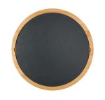 A round cheese board with a natural bamboo edge and a black slate surface. It features two handles.