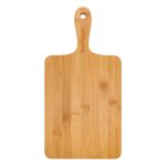 A bamboo serving board with a rectangular shape and a handle, featuring a natural wood finish. It has a logo on the handle.