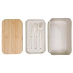 A bamboo-lid lunch box in beige, with a removable inner compartment and utensils including a spoon, fork, and knife.