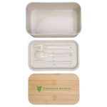 A lunch box in beige with a bamboo lid, featuring cutlery in a compartmentalized section. Includes branding.