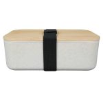 A lunch box featuring a natural bamboo lid and a textured white base, secured with a black elastic strap.