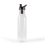 A drink bottle in transparent material with a black spout and lid, featuring a simple design.