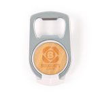 A drink bottle opener phone stand in silver and wood, featuring a circular design with a logo.