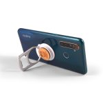 A drink bottle opener phone stand in silver and wood attached to a green smartphone, featuring a logo.