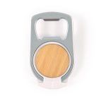 A drink bottle opener phone stand featuring a silver frame and a wooden base. Includes a logo on the design.