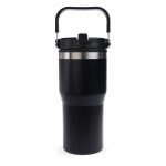 A drink bottle in black with a silver accent and a handle, designed as a tumbler. It has a lid and a logo.