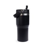 A drink tumbler in matte black with a silver accent and a black lid featuring a handle. It has a logo on the side.