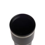 A drink bottle with a sleek black exterior and a stainless steel rim, featuring a wide opening and a smooth interior.