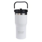 A drink bottle in white with a stainless steel lid and a black handle, featuring a logo.