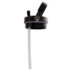A drink bottle lid featuring a black design, complete with a retractable handle and a clear, flexible straw.
