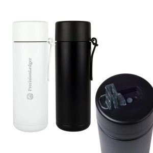 A drink bottle featuring a sleek design in white and black, with a logo and a spout for easy sipping.
