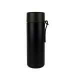 A drink bottle in matte black finish with a secure lid and a handy strap. Features a logo.
