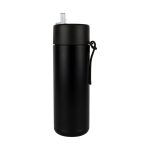 A drink bottle in a sleek black finish with a silver lid and a carrying strap. It features a logo.