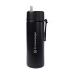 A drink bottle in matte black with a straw lid and a logo on the side, designed for hydration on the go.